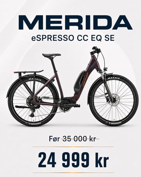 Merida eSPRESSO CC EQ SE electric bike priced at 24,999 kr, shown in black with discount from 35,000 kr