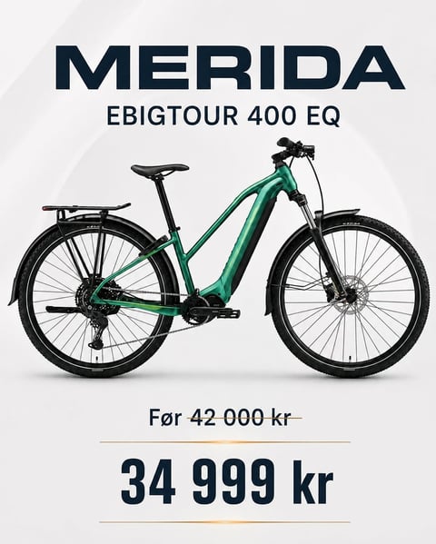Merida eBigtour 400 EQ electric bike in green, discounted from 42000 kr to 34999 kr